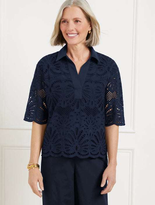 Johnny Collar Short Popover - Blooming Eyelet