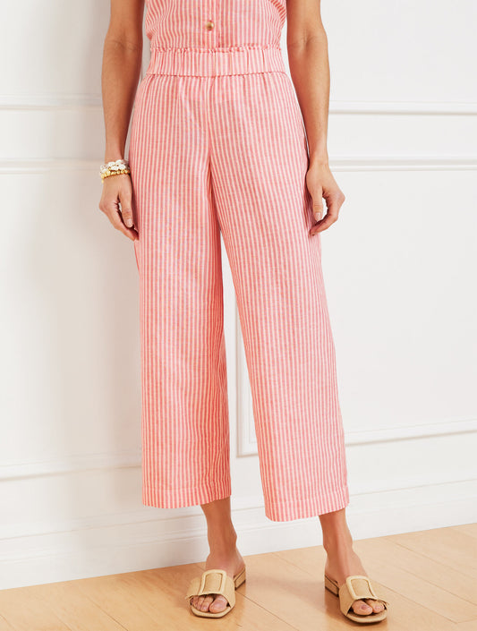 Wide Crop Pull-On Washed Linen Pants - Tonal Stripe