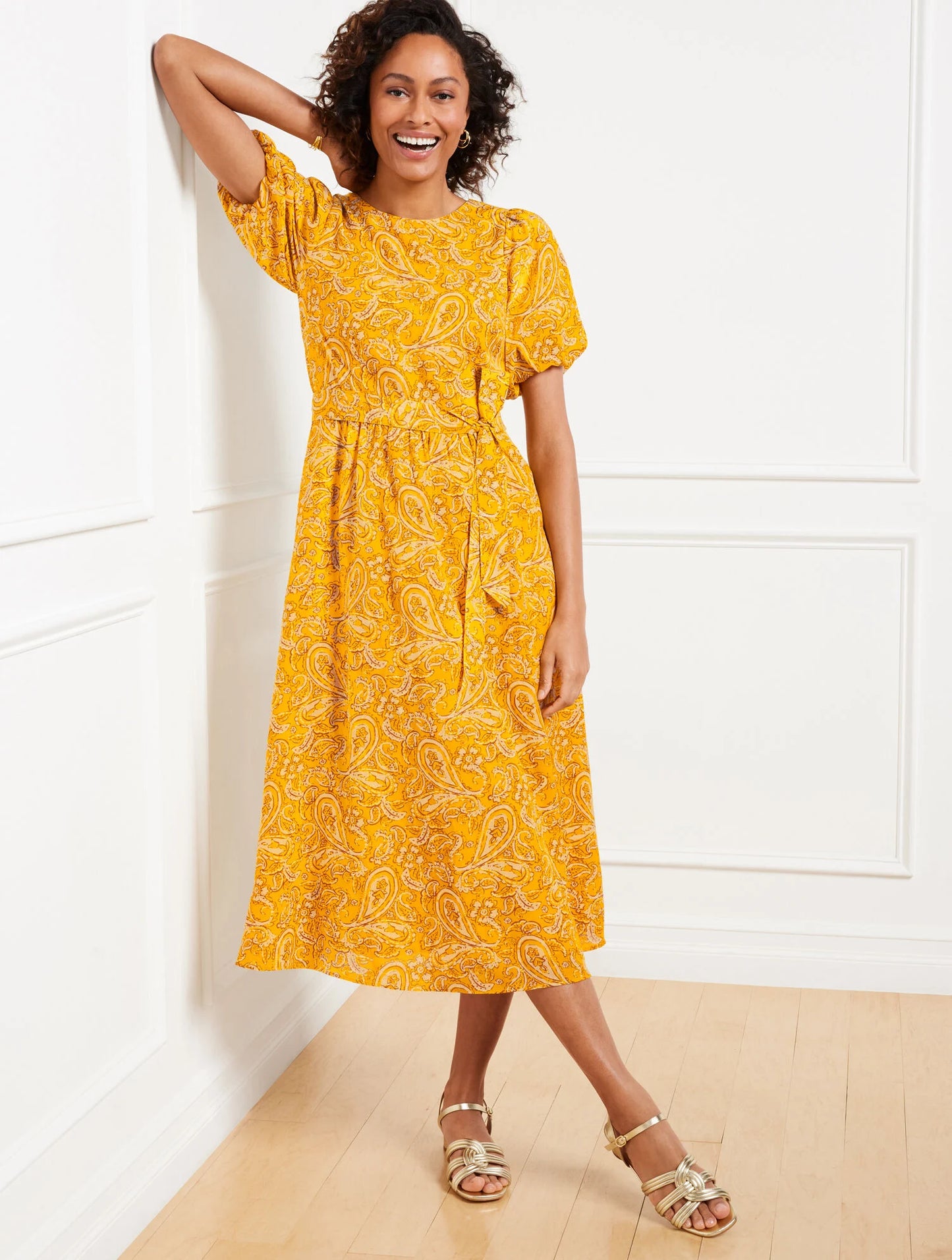 Puff Sleeve Midi Dress - Paisley Delight
