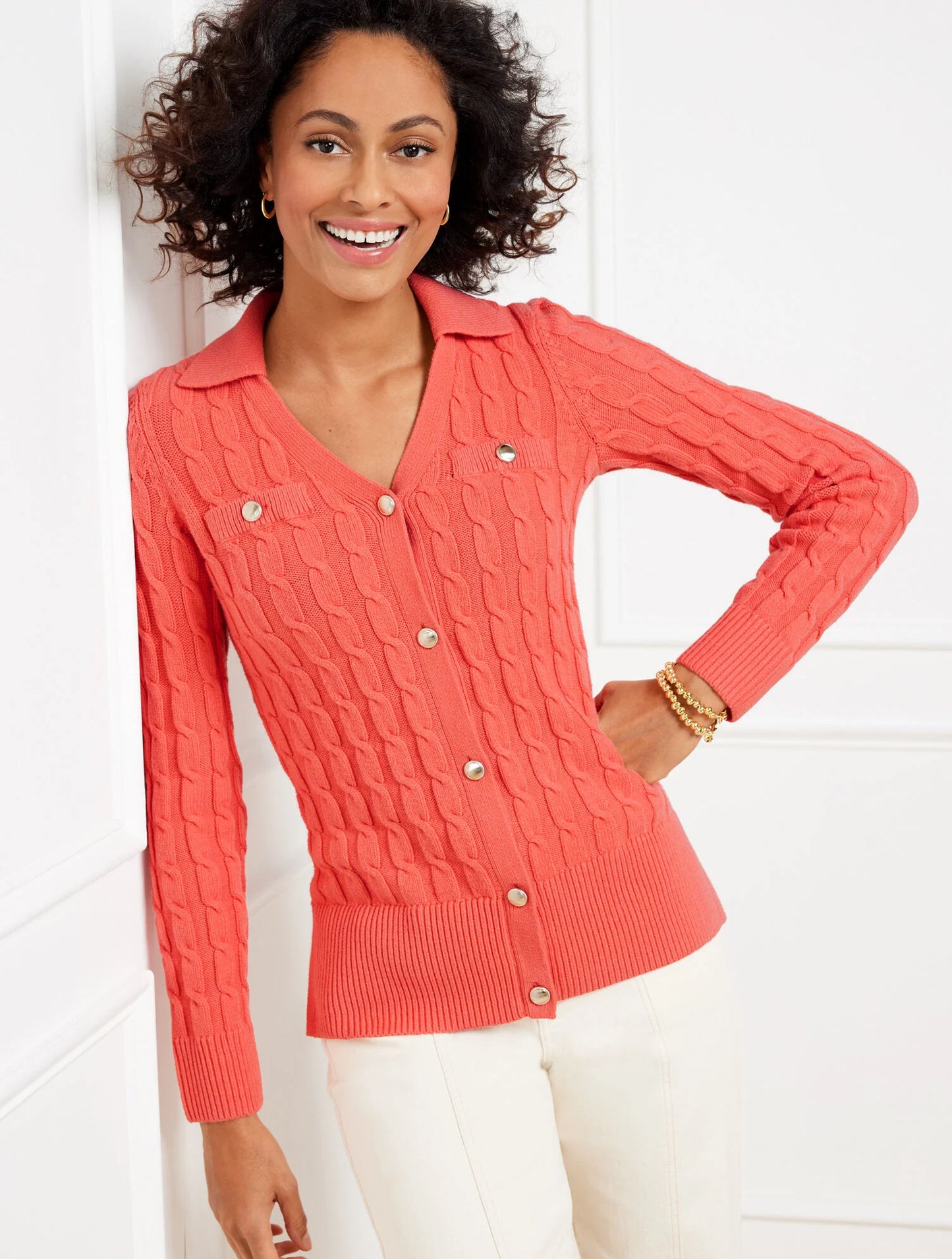 Mixed Cable Knit Polo Cardigan
