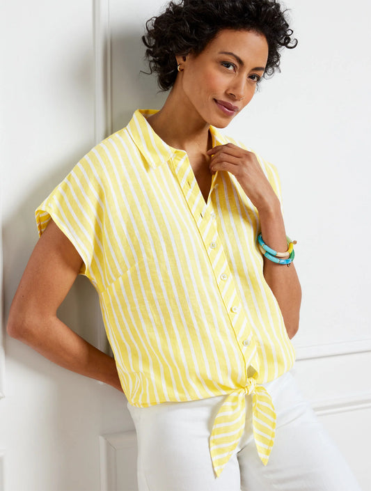 Linen Tie Hem Button Front Top - Seashore Stripe
