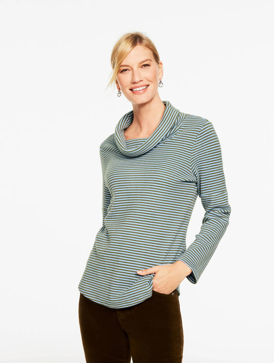 Cowl-Neck Waffle Knit Pullover - Stripe