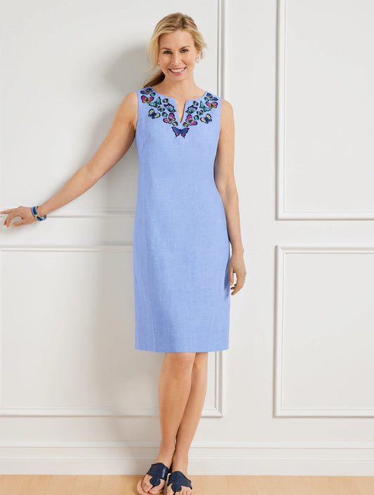 Embroidered Butterfly Linen Shift Dress