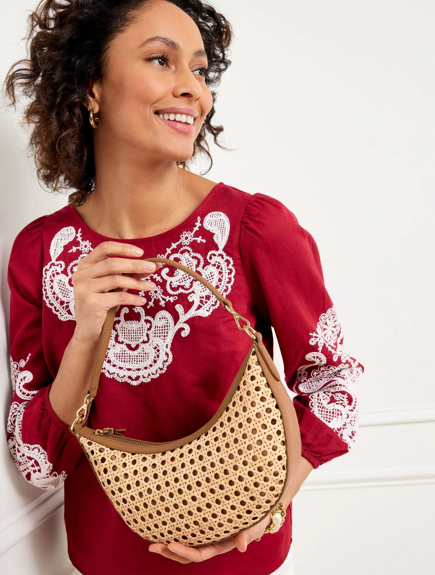 Leather Trim Rattan Crescent Shoulder Bag