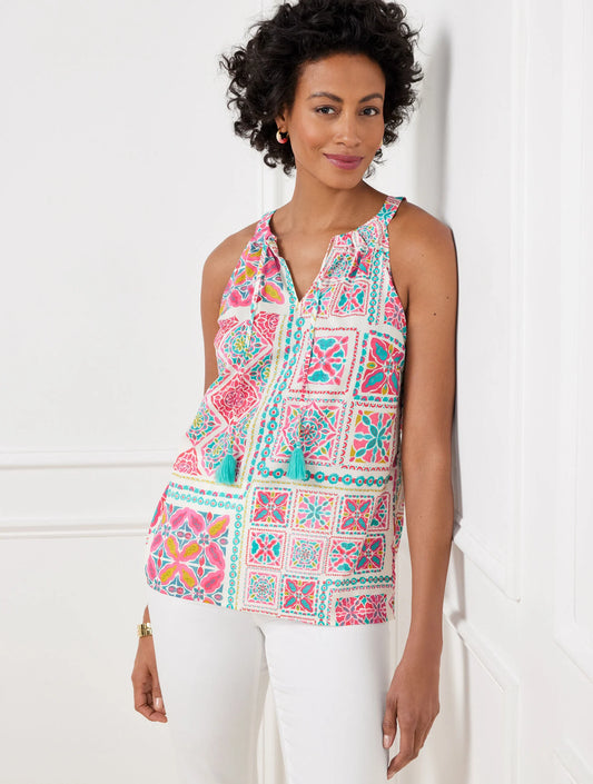 Tie Front Halter Top - Painterly Tiles