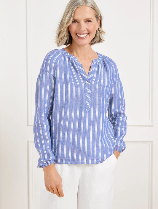 Lantern Sleeve Linen Top - Petal Stripe