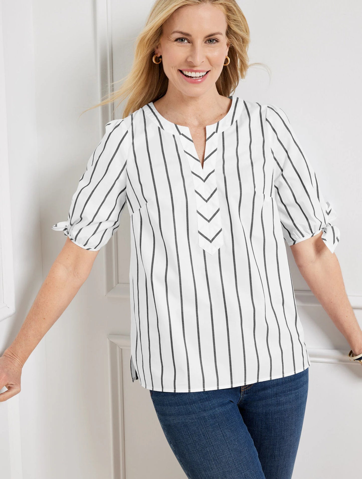 Fancy Stripe Tie Sleeve Top