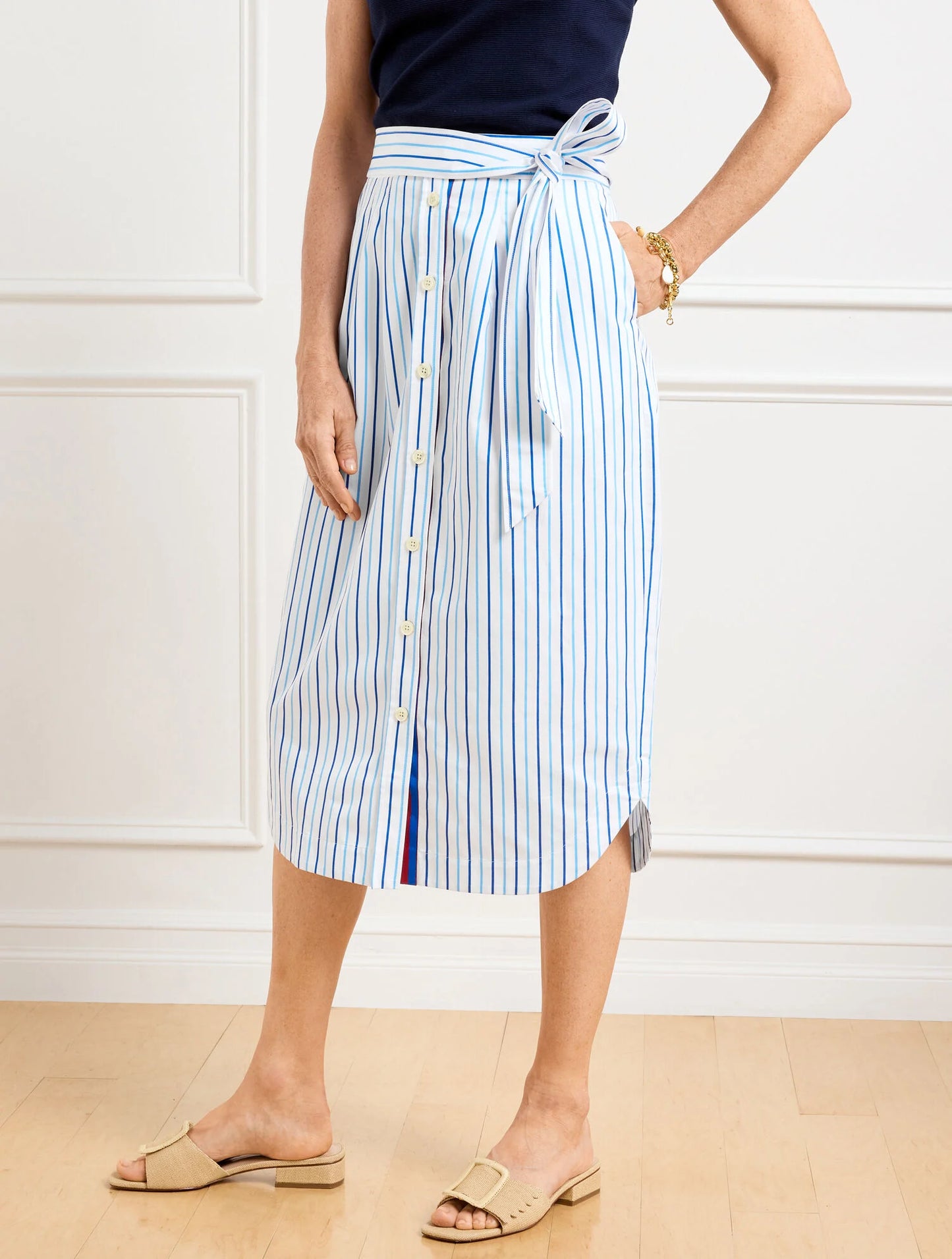 Fresh Poplin Tie Waist Midi Skirt - Veranda Stripe