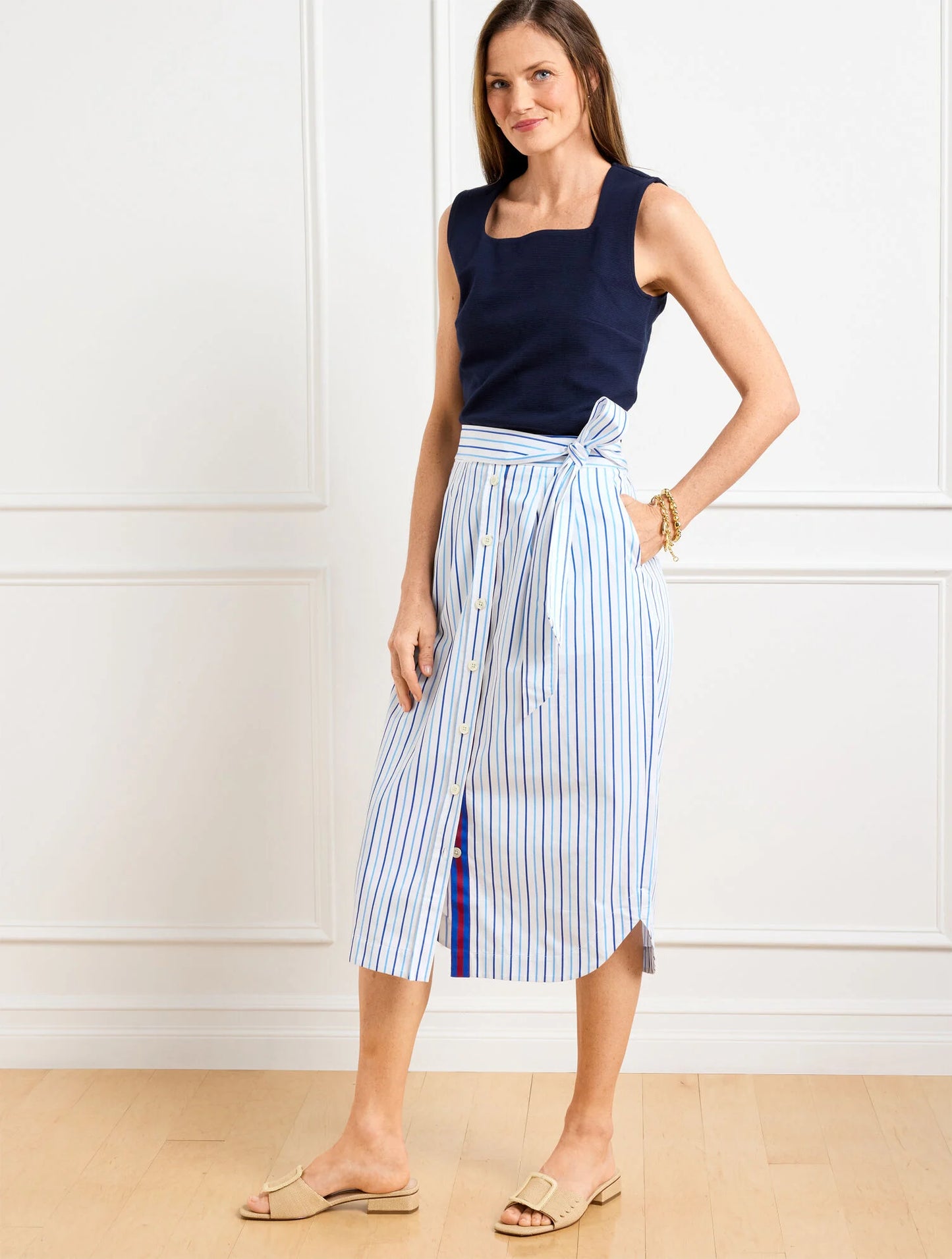Fresh Poplin Tie Waist Midi Skirt - Veranda Stripe