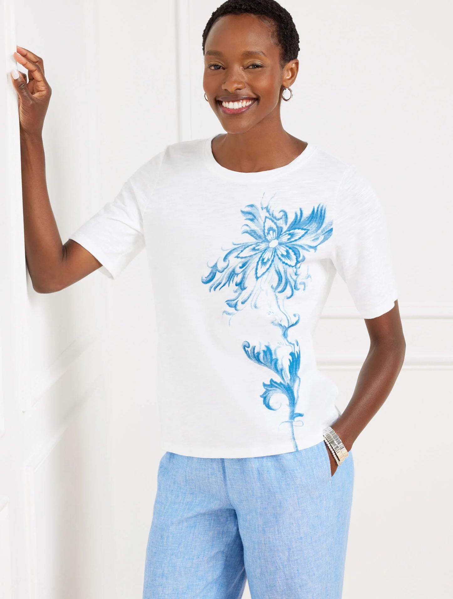Elbow Sleeve Crewneck Tee - Ocean Flora