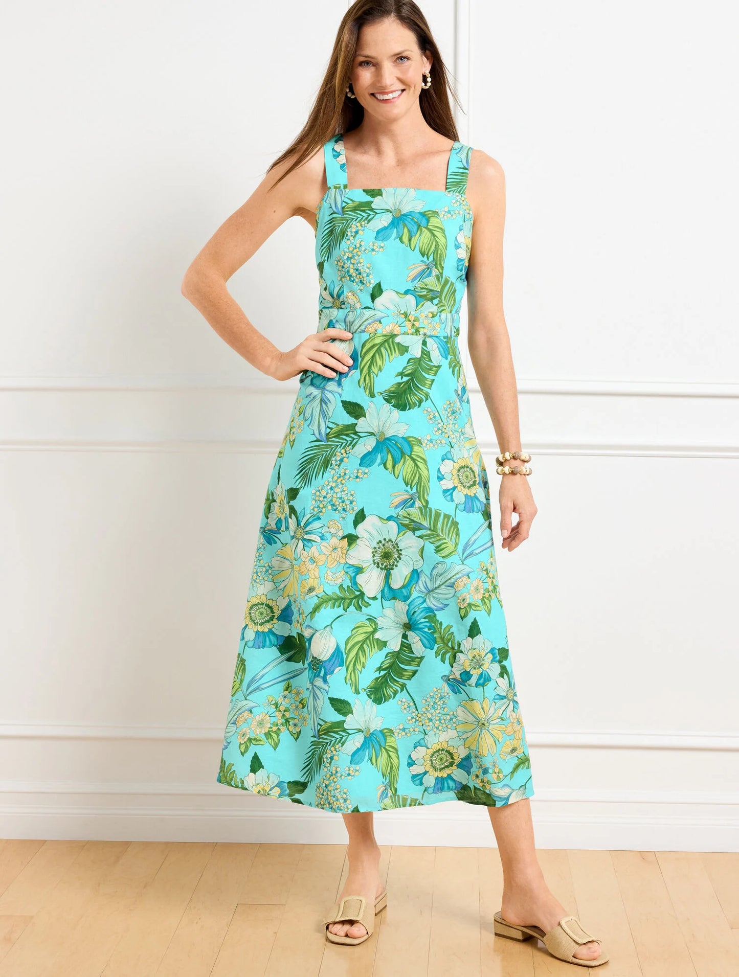 Linen Midi Dress - Tropical Botanical