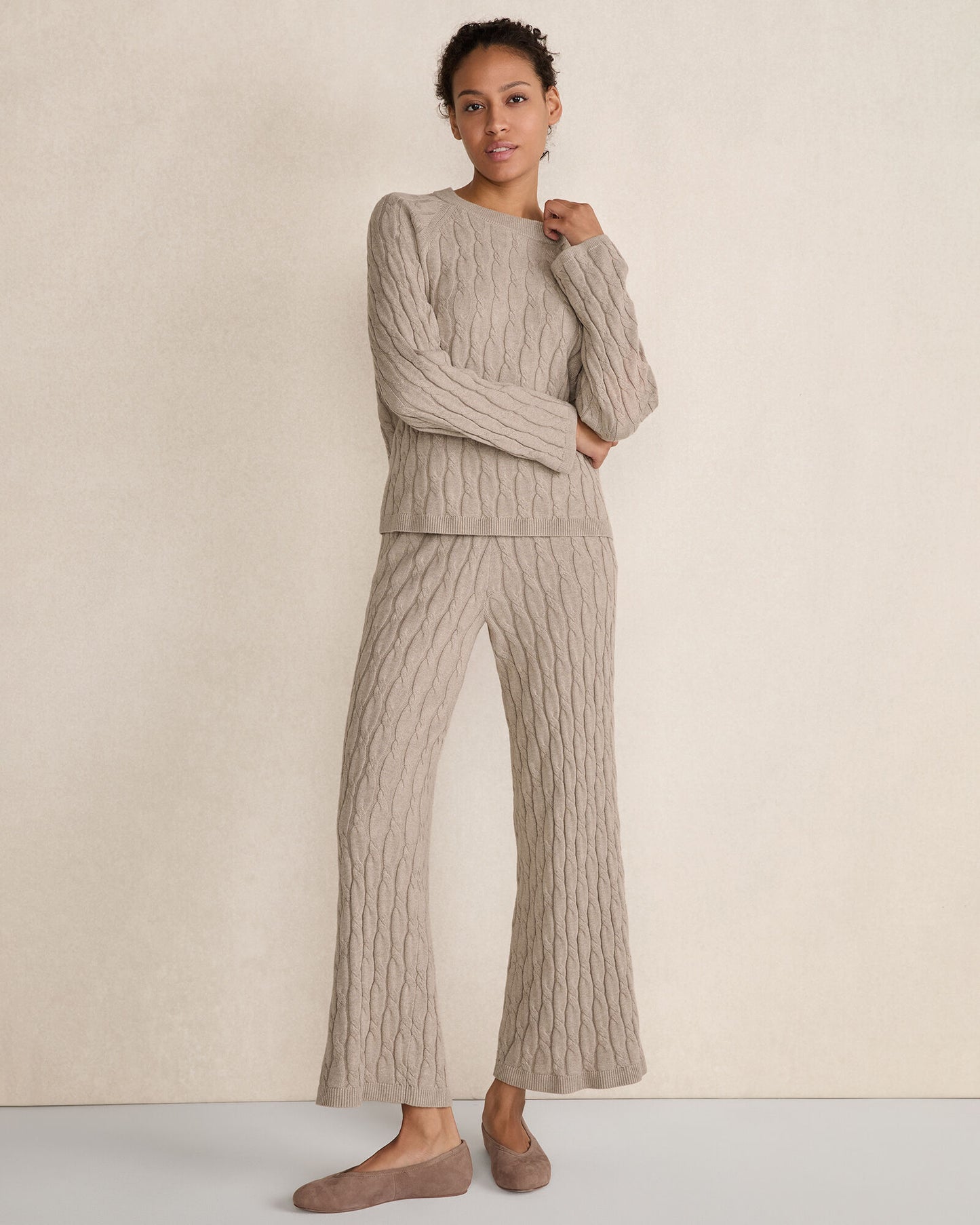 Cotton Cashmere Cable Knit Wide Leg Pants