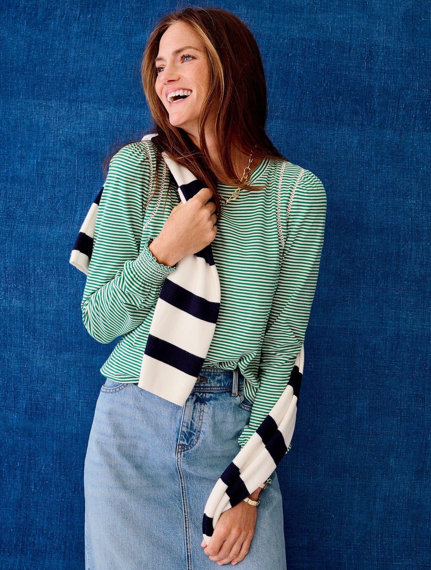 Lattice Trim Crewneck Tee - Stripe