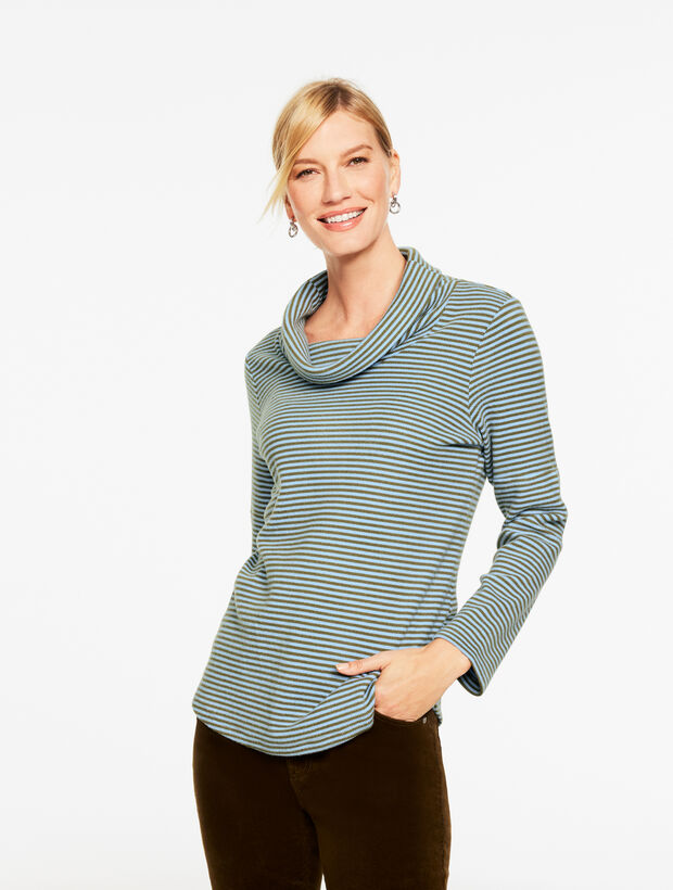 Cowl-Neck Waffle Knit Pullover - Stripe