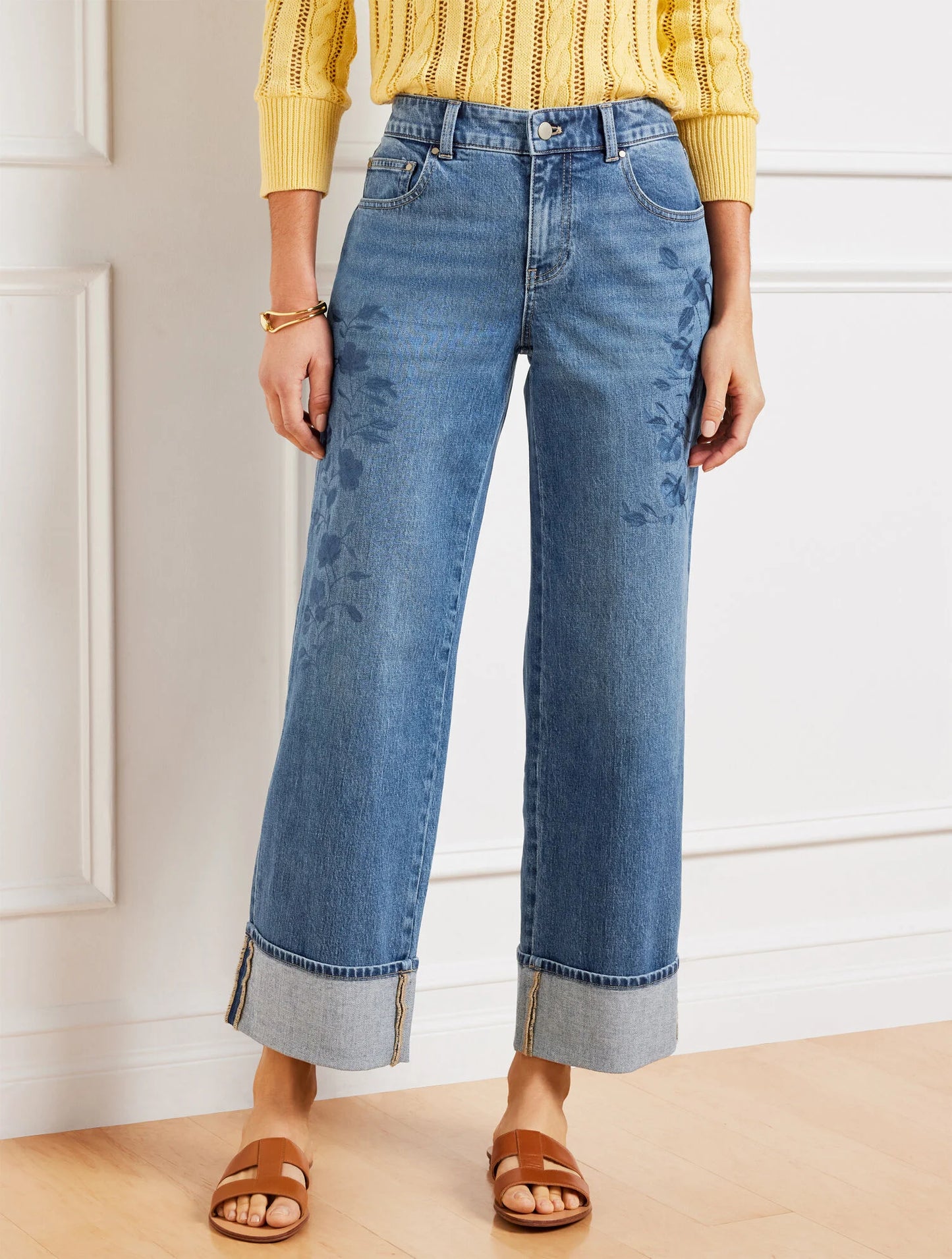 Wide Straight Ankle Embroidered Cuff Jeans - Botanica Wash