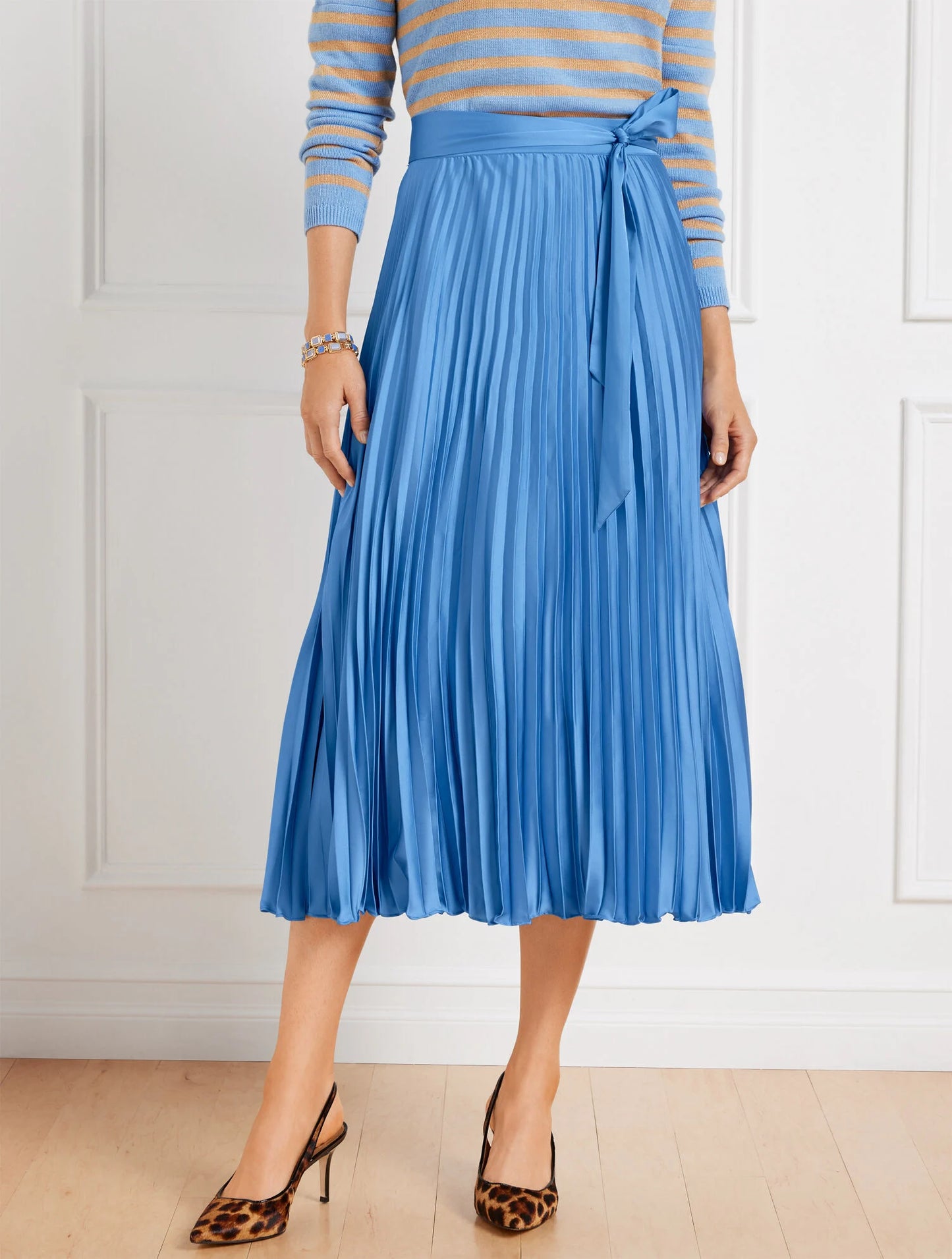 Pleated Satin Midi Skirt