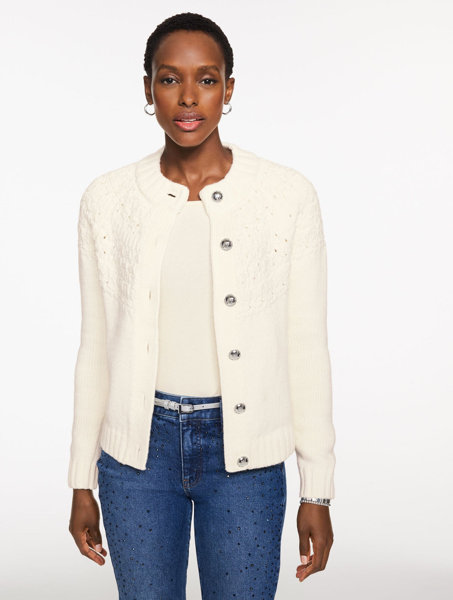 Pointelle Mockneck Cardigan