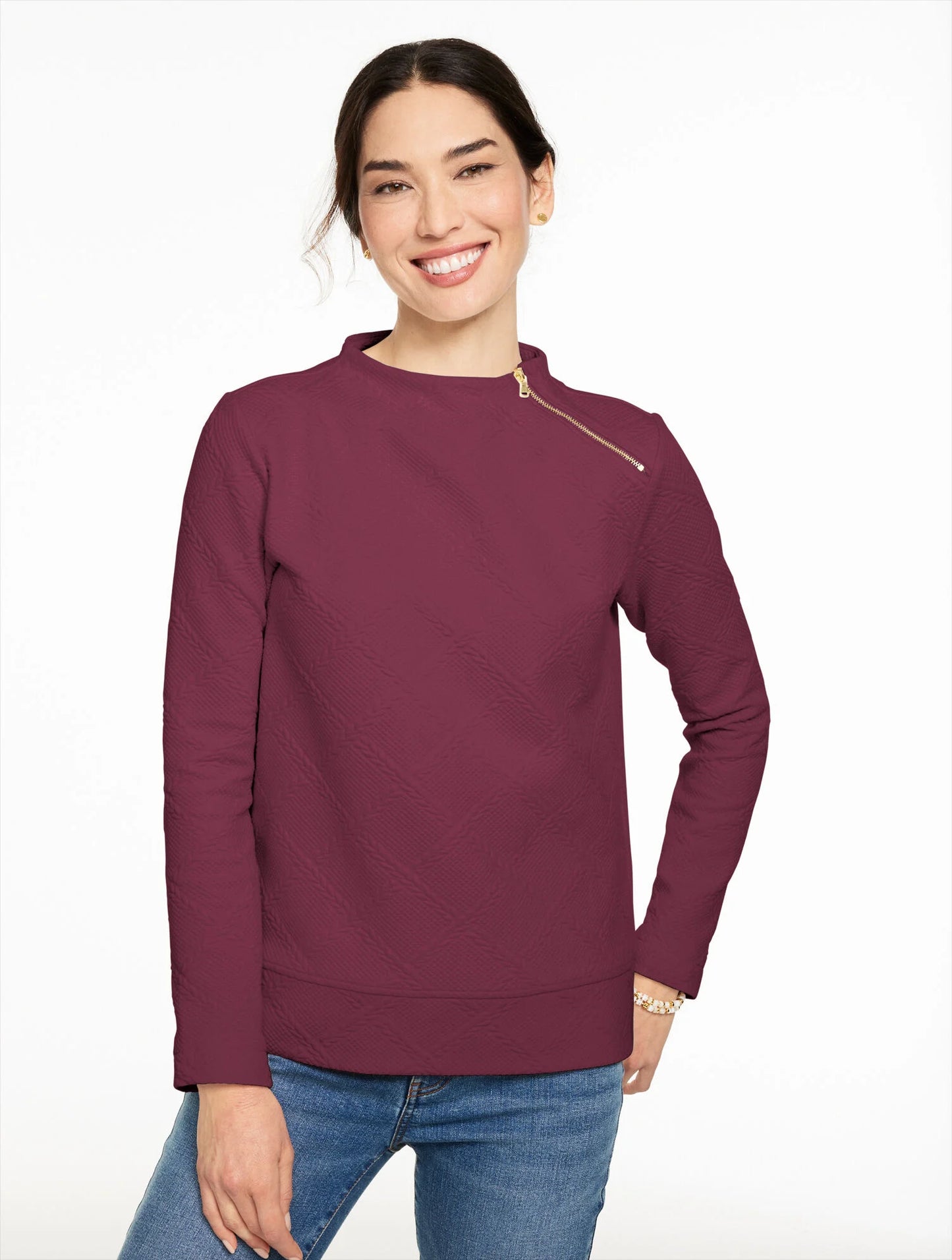 Cable Knit Funnel Neck Zip Pullover