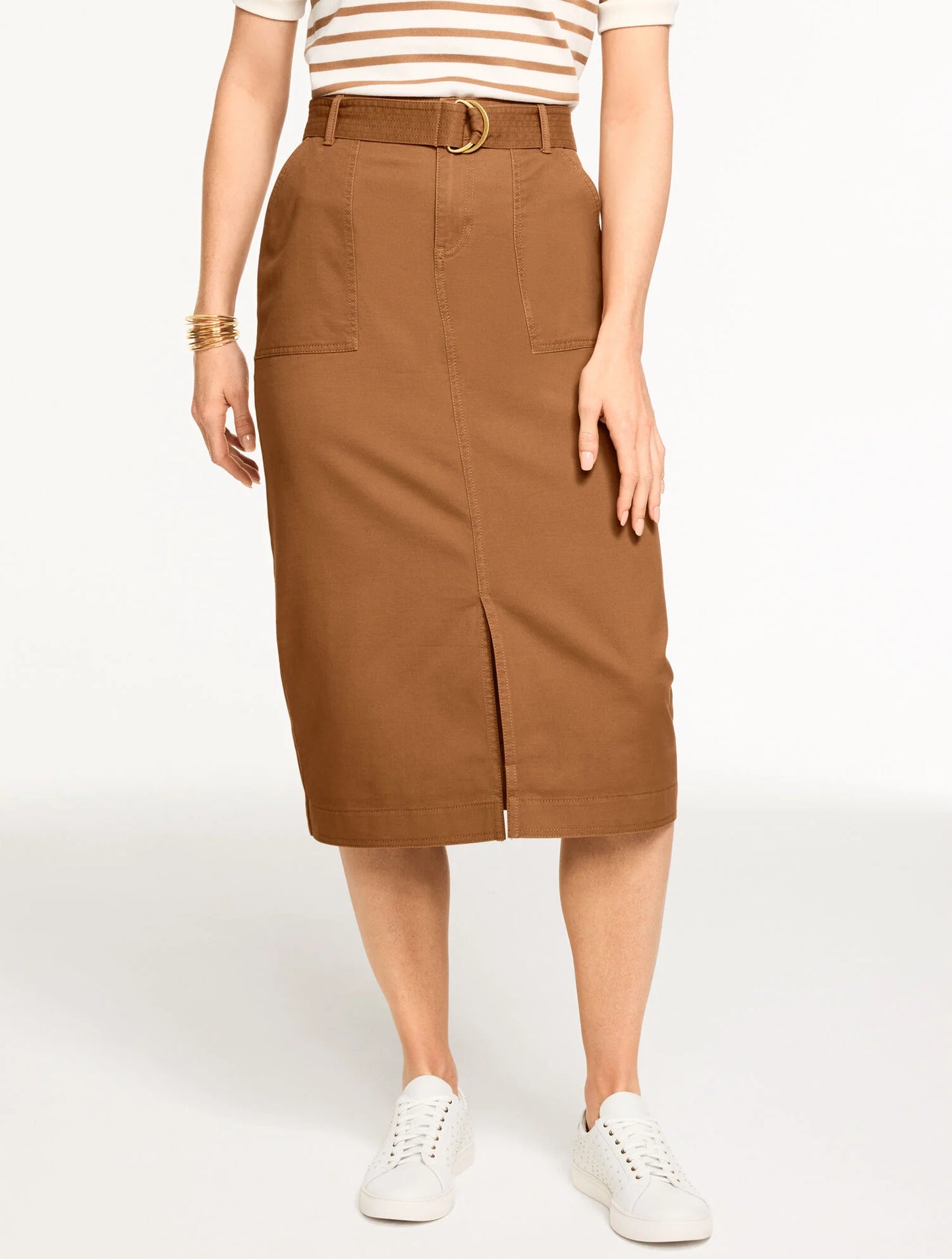 Belted Twill Midi Skirt