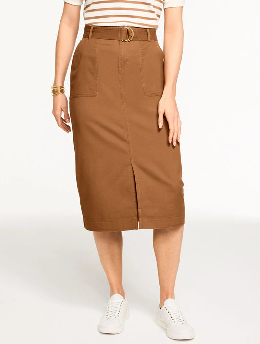 Belted Twill Midi Skirt