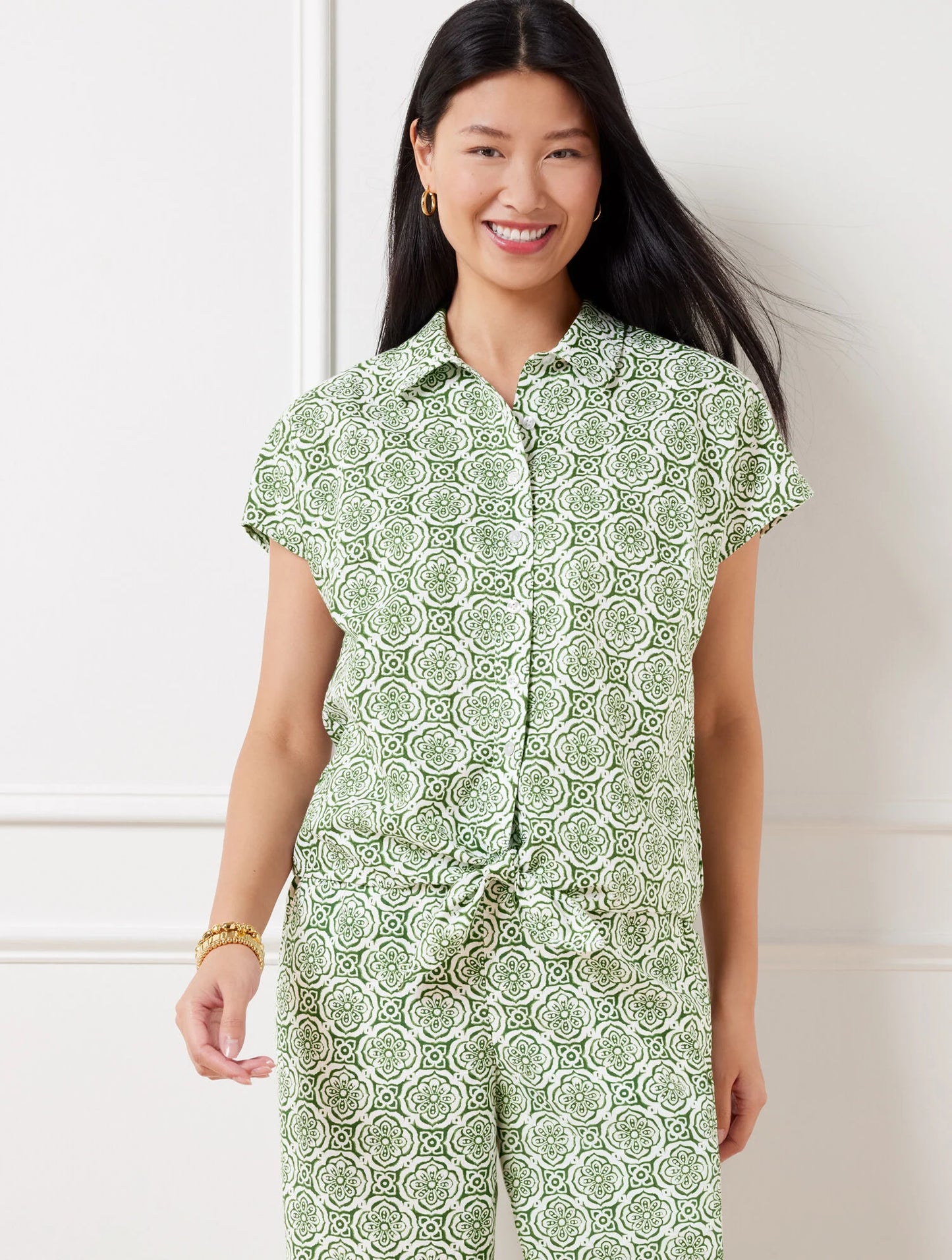 Tie Hem Button Front Linen Top - Pretty Medallion