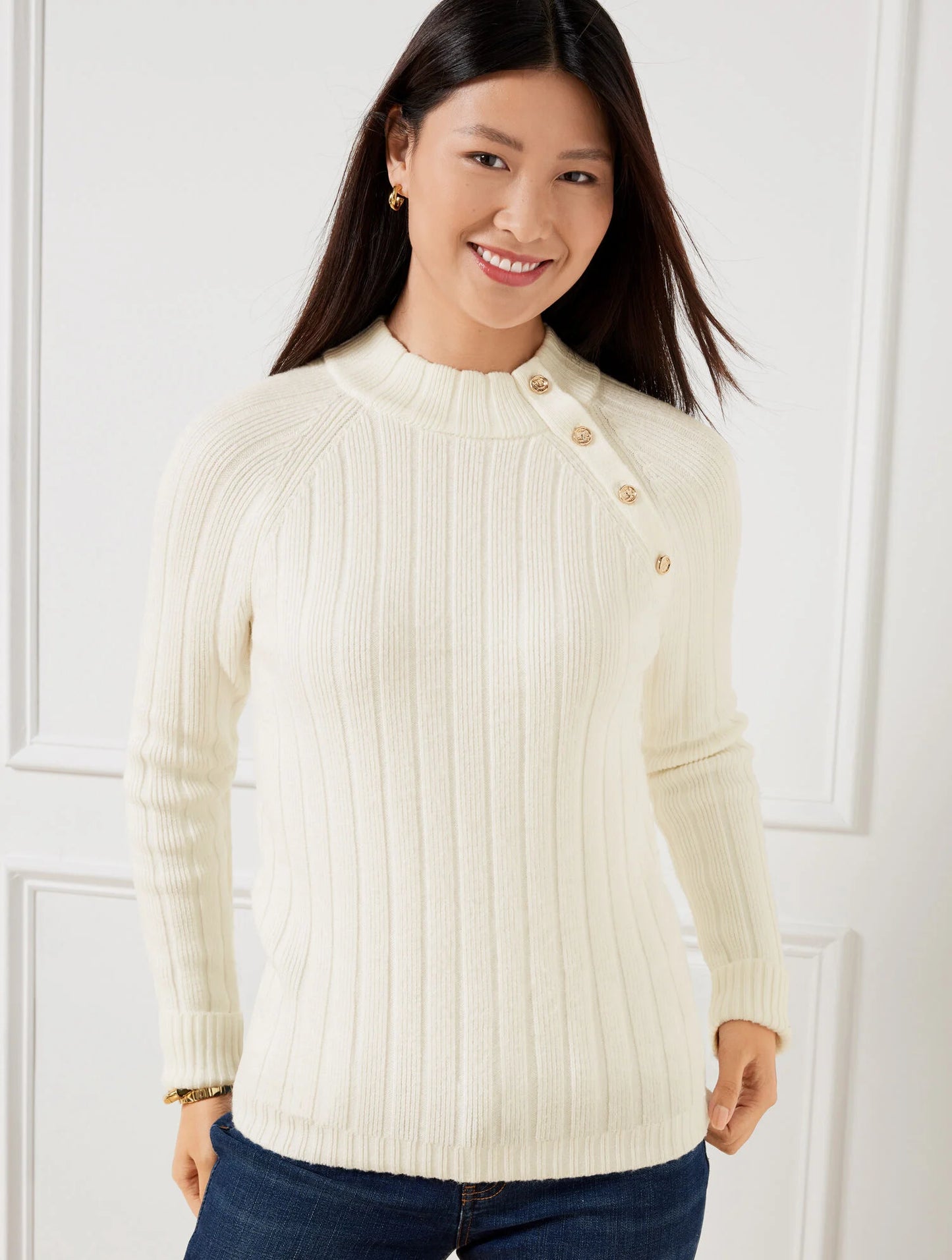 Ribbed Button Mockneck Sweater
