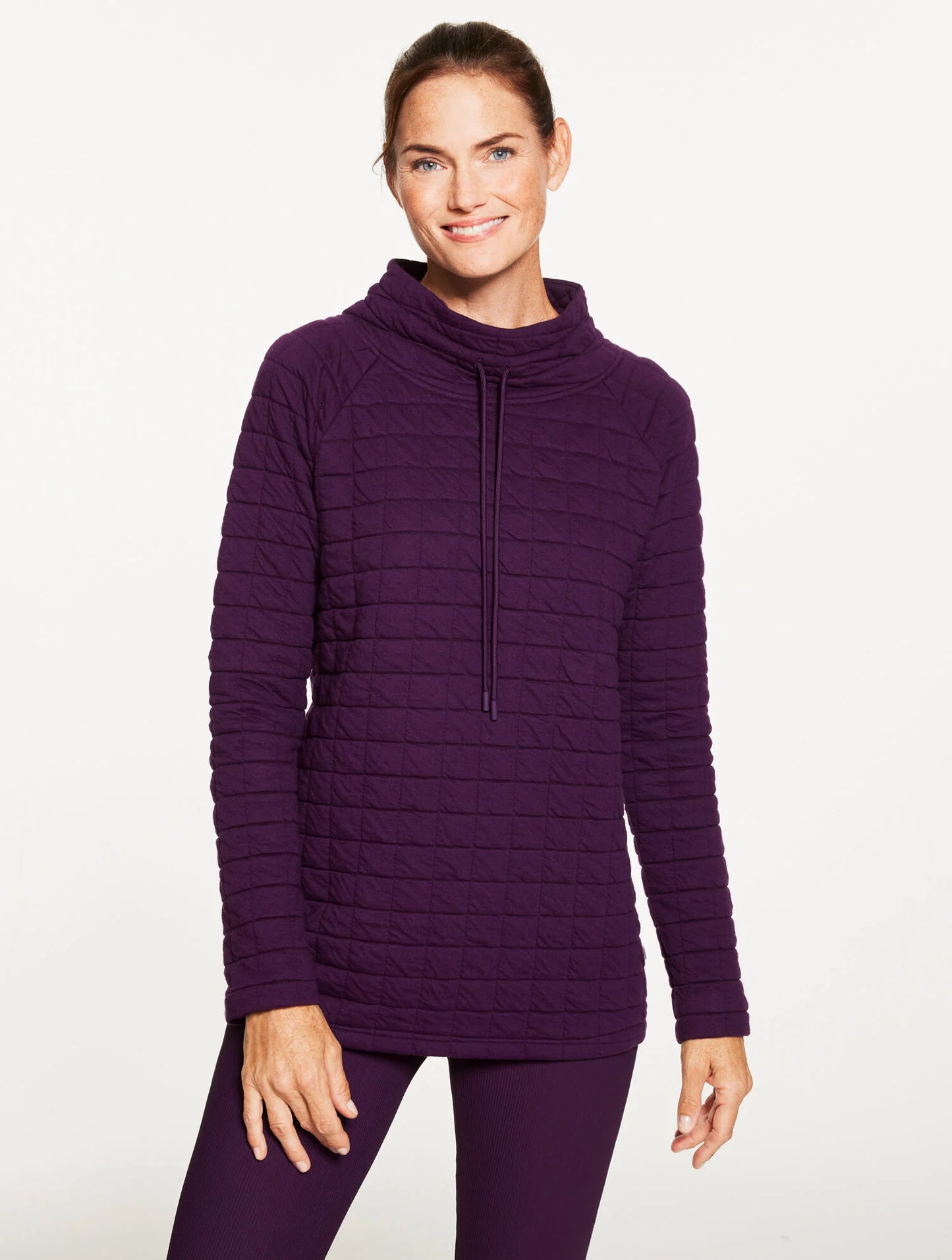 Grid Quilt Funnel Neck Pullover