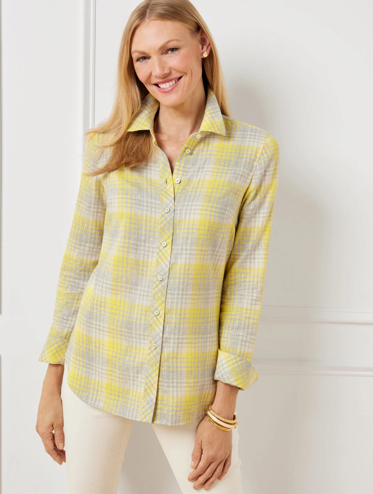 Cotton Button Front Shirt - Ornament Plaid Metallic
