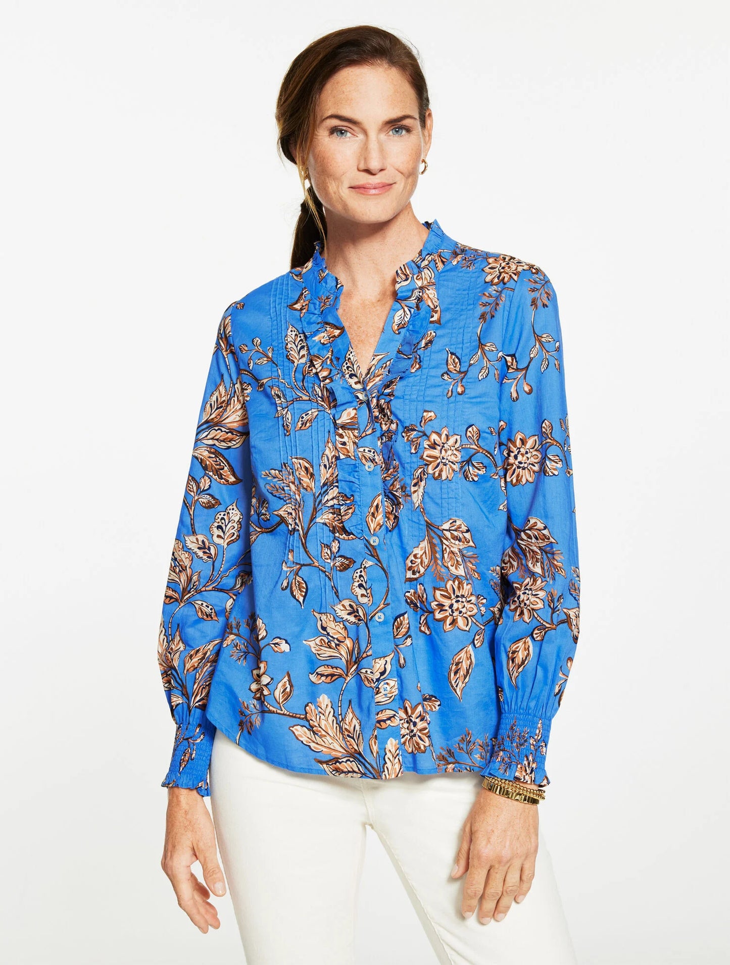 Smocked Cuff Ruffle Top - Floral Symphony