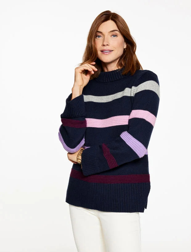 Soft Cable Knit Mockneck Sweater - Multi Stripe