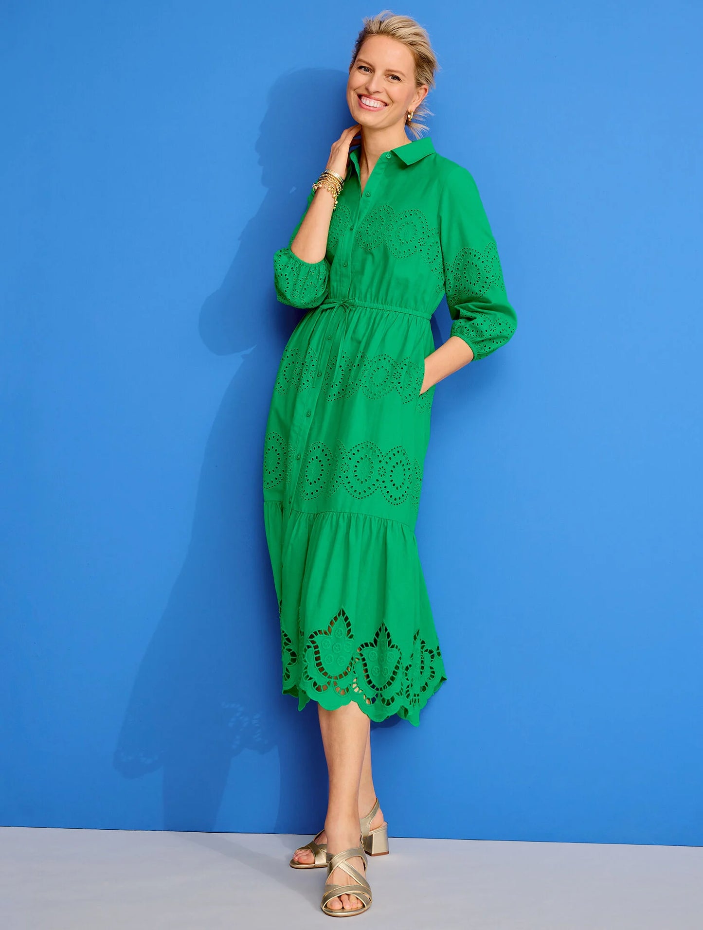 Eyelet Puff Sleeve Poplin Shirtdress