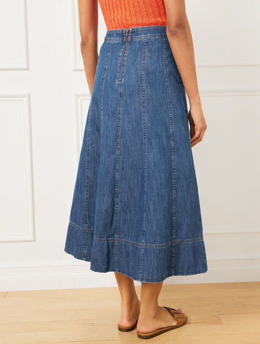 Denim Fit & Flare Midi Skirt