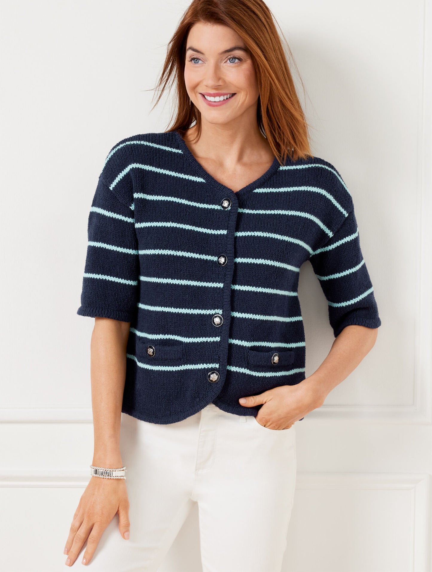 Elbow Sleeve Sweater Jacket - Stripe