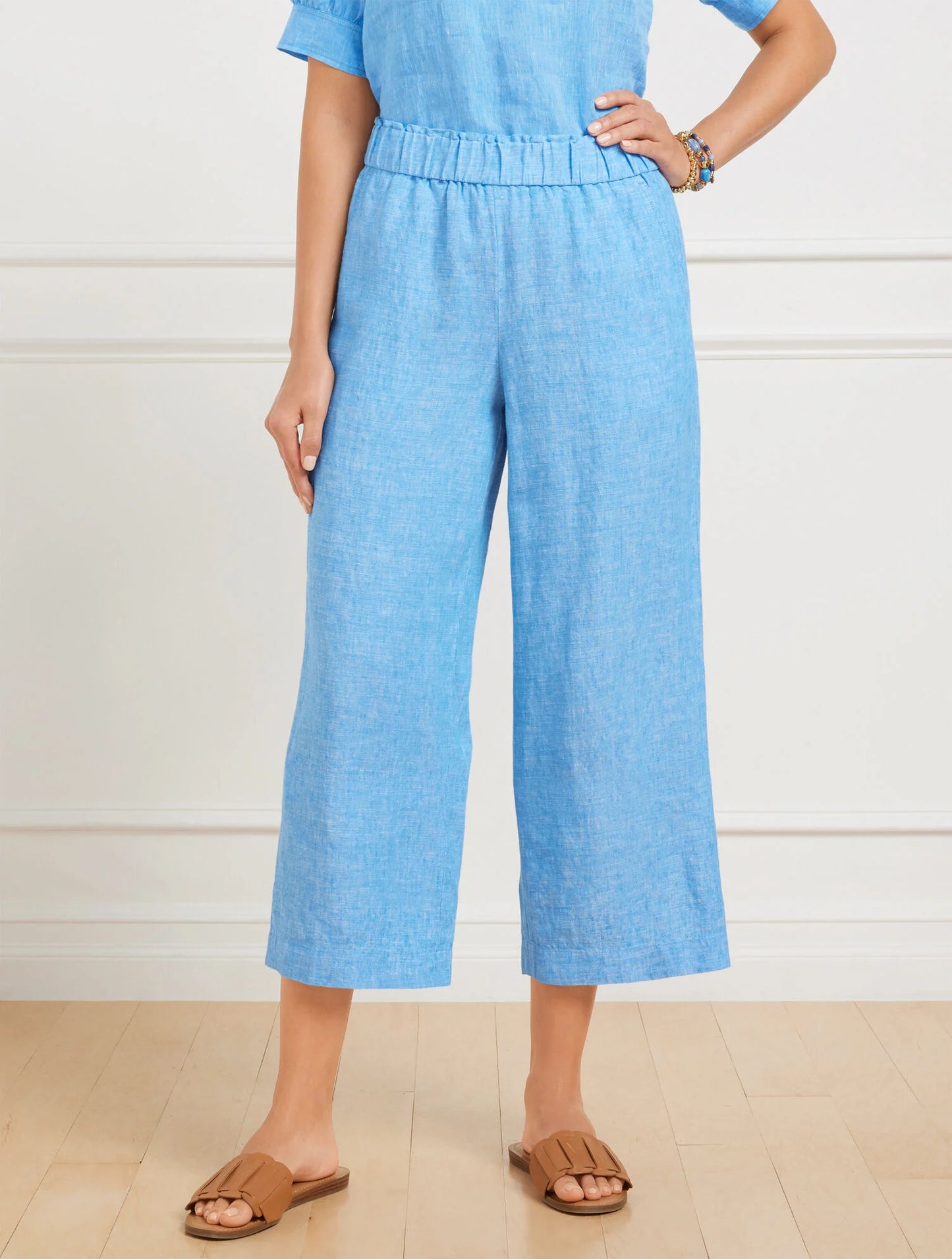 Wide Crop Pull-On Washed Linen Pants - Cross Dyed