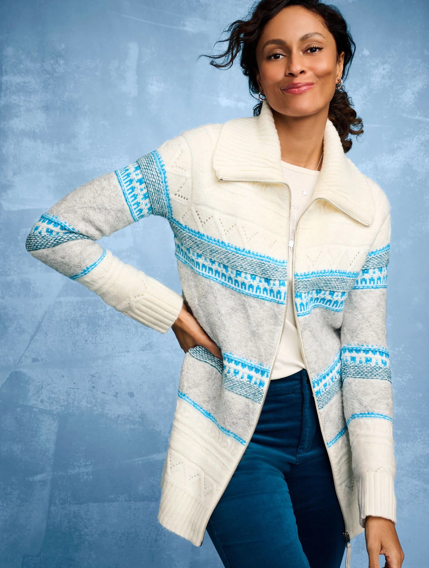 Mockneck Full-Zip Cardigan - Fair Isle